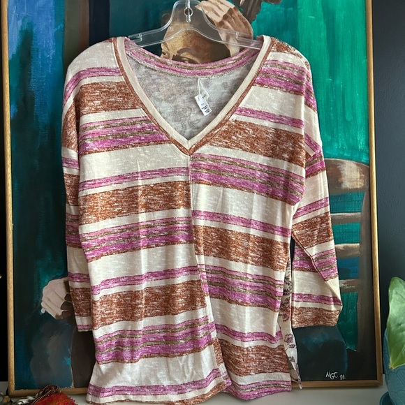 Tribal Jeans Chic Striped V-Neck Blouse in Cream, Brown, and Pink Small - Picture 10 of 16